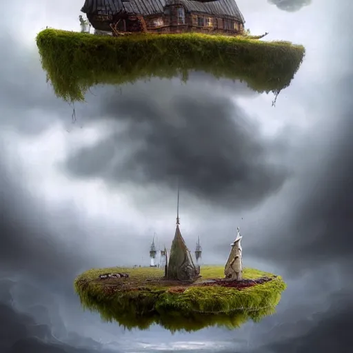 Prompt: a floating island in the middle of a cloudy sky, a matte painting by alexander jansson, trending on cgsociety, fantasy art, matte painting, apocalypse landscape, mystical