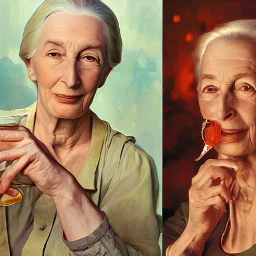 Image similar to portrait painting of jane goodall toasting with a martini, ultra realistic, concept art, intricate details, serious, highly detailed, photorealistic, octane render, 8 k, unreal engine. art by artgerm and greg rutk owski and alphonse mucha