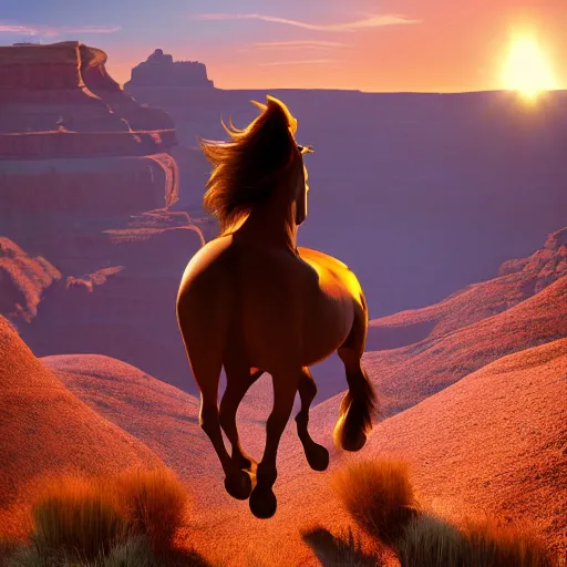 Image similar to spirit untaimed, horse from the movie next to a canyon riding in the sunset, movie poster, 8 k, trending on artstation, global illumination, volumetric shadows