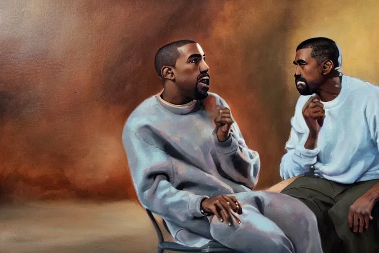 Prompt: Kanye West explaining something to Walt disney, oil painting by wilson mclean, sharp focus, a masterpiece, highly detailed