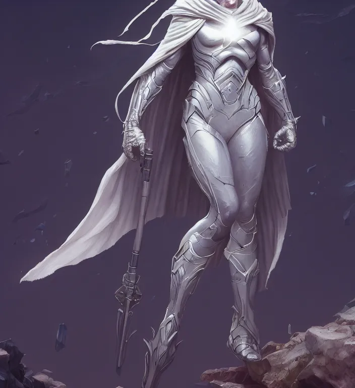 Image similar to female moon knight, hyper detailed, digital art, trending in artstation, cinematic lighting, studio quality, smooth render, unreal engine 5 rendered, octane rendered, art style by klimt and nixeu and ian sprigger and wlop and krenz cushart