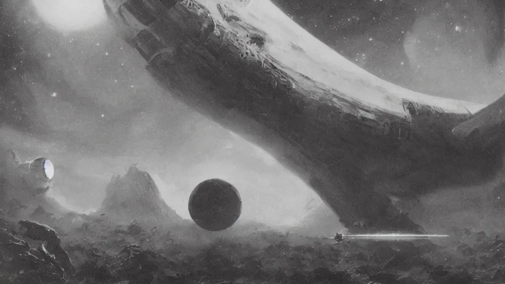 Image similar to eerie atmospheric alien planet with a small dropship pod landing by paul lehr and jack gaughan and john schoenherr, epic cinematic matte painting