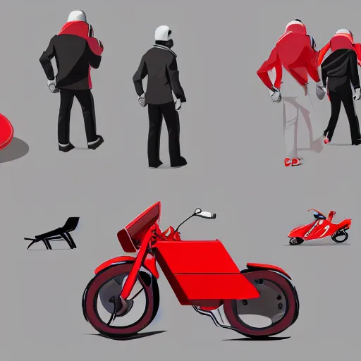 Image similar to man with a red jacket walking toward a red futuristic racing motorbike, isometric view from behind, gray background, ink drawing, panoramic view, wide angle, ultra realistic, intricate details, cyberpunk, ultra detailed, sharp focus, trending on artstation