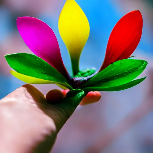 Image similar to closeup photo of rainbow - colored flower with 7 petals, held by hand, shallow depth of field, cinematic, 8 0 mm, f 1. 8