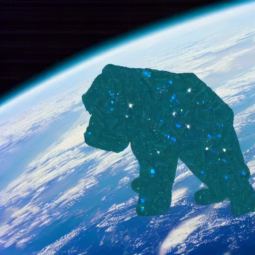 Image similar to a photograph of a huge dog in space made of turquoise colored crystals