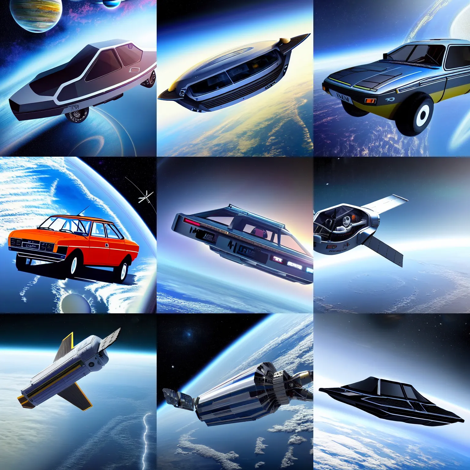 Prompt: lada 2 1 0 9 in space in orbit of the planet earth, lada 2 1 0 9 looks like a spaceship, hyper detailed, hight detailed, futuristic, ultra realistic, no blur, 8 k