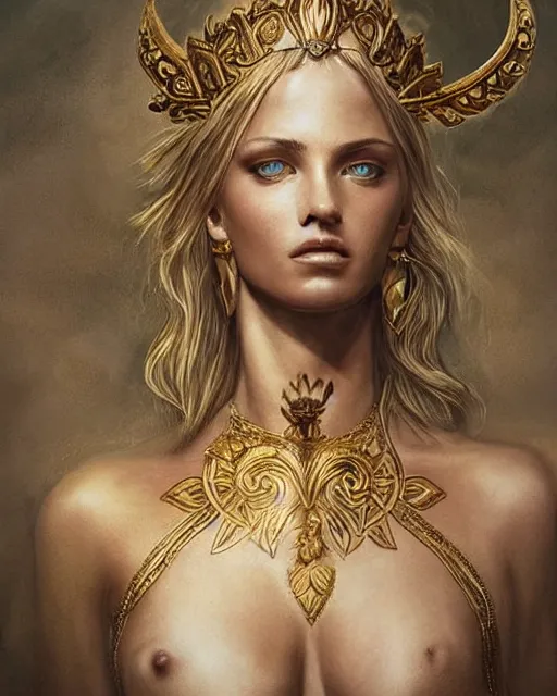 Image similar to tattoo sketch of hot blonde super model as aphrodite greek goddess wearing a gold laurel wreath and triangle earrings, beautiful piercing gaze with sharp pupils, in the style of greg rutkowski, fantasy, amazing detail, epic, elegant, smooth, sharp focus, front view