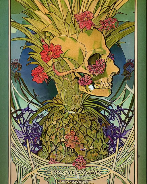 Prompt: Poster of an ancient skull with pineapple leaves growing out of the top art surrounded by varities of flowers, cell shading, by Alphonse Mucha, Moebius, hiroshi yoshida, Art Nouveau, colorful, ultradetailed, vivid colour, 3d