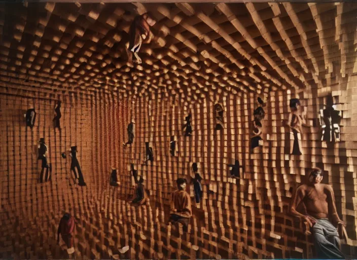 Image similar to realistic photo portrait of the a human computer made of wooden fragments levitating in the living room wooden walls 1 9 9 0, life magazine reportage photo