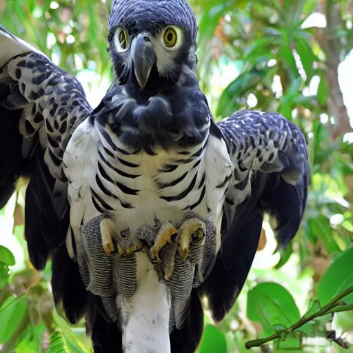 Image similar to harpy eagle and parrot hybrid animal, half harpy eagle half parrot, realistic photo taken in zoo