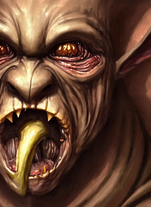 Image similar to closeup profile face portrait of a medieval goblin eating cakes in the cloisters, beautiful face, hyper realistic, highly detailed, digital painting, artstation, illustration, concept art by hyung tae, frank frazetta, bosch, giger, digital paint, matte paint, washed colors, dark, gloomy