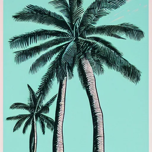 Prompt: risograph print of palm trees and a ufo by pedro friedeberg