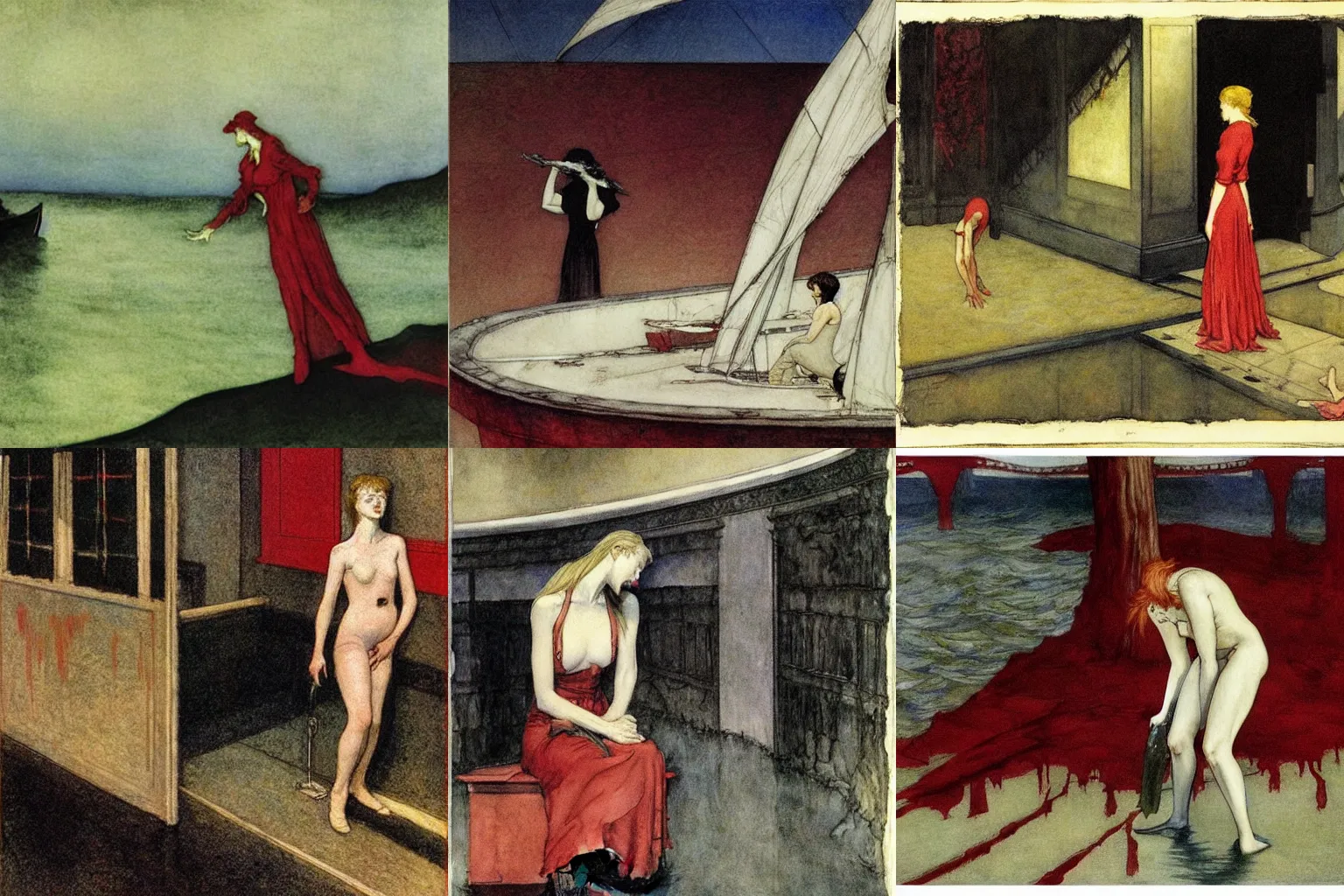 Prompt: flood of blood. painting by edward hopper, arthur rackham and milo manara