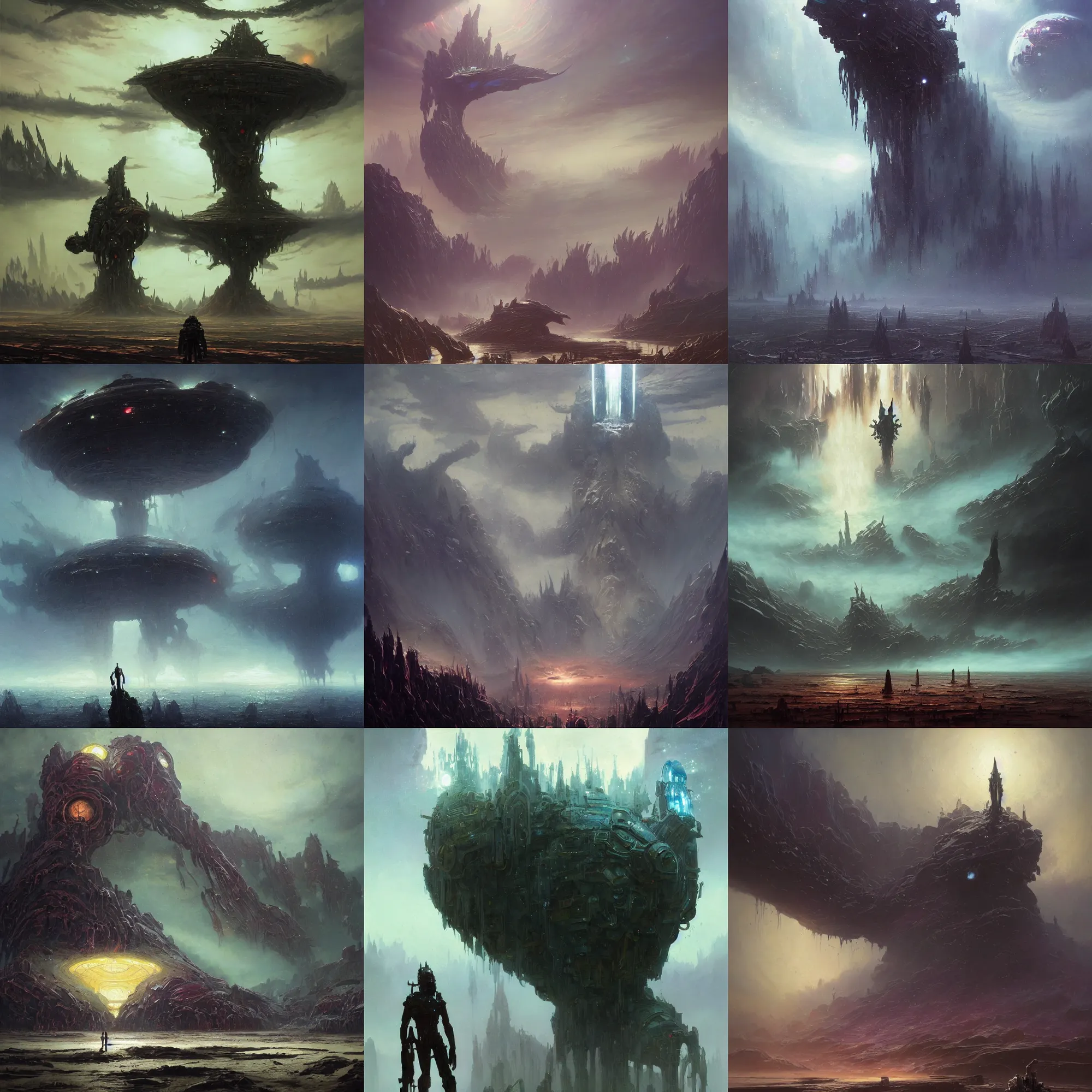 Prompt: beautiful oil painting on canvas, amazing unique dark sci-fi concept art of the great cosmic god machine by James Gurney, by Greg Rutkowski and Tyler Edlin, composition and color pallete by Simon Stalenhag, sci-fi inspiration from Jim Burns and Bruce Pennington, behold, atmospheric lighting, epic scale, enormous scale, dynamic angle, dramatic surreal composition, sense of awe, epic and stunning, amazing, wonder, imposing, divine, deep space, 4k hubble space wallpaper, intricate details, artificial intelligence machine, fantasy elements, chaos beauty, award winning, a sense of story, trending on art station