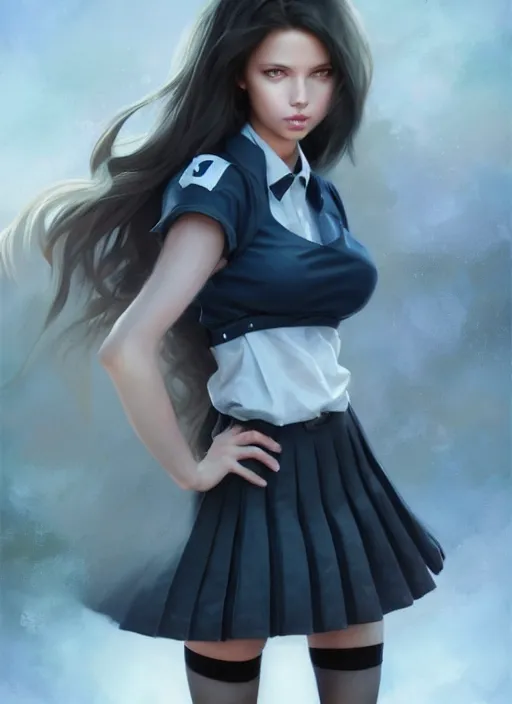 Image similar to a beautiful woman with school uniform, seifuku, pleated miniskirt, overknee socks, adriana lima, painted by artgerm and tom bagshaw, fantasy art, dramatic lighting, highly detailed oil painting, volumetric lighting