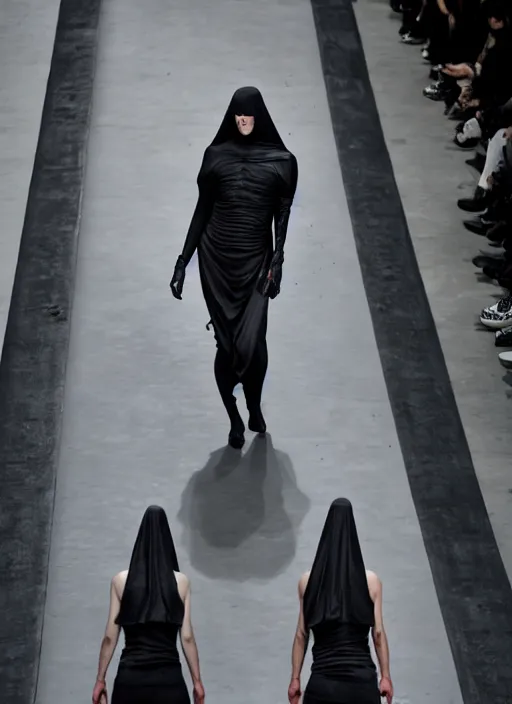 Image similar to hyperrealistic and heavy detailed rick owens avant garde runway show of batman, leica sl 2 5 0 mm, vivid color, high quality, high textured, real life