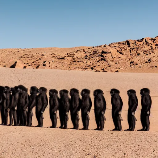 Prompt: Contamporary art photography of group of monkey's that wears suits standing around Obsidian monolith in the desert