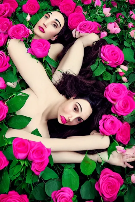 Image similar to full body fine art photo of the beauty gal gadot, she is lying down and merging from pink roses, taken by oleg oprisco