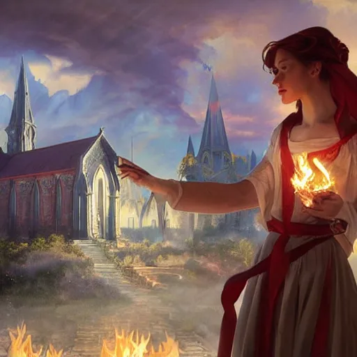 Prompt: an beautiful and detailed matte painting of a lesbian wedding between evil pyromancer and a red mage, unholy union, white church background, god rays, sharp focus, highly detailed, cinematic lighting, studio quality, colorful, smooth render, vector illustration, award winning, by artgerm, greg rutkowski, alphonse mucha