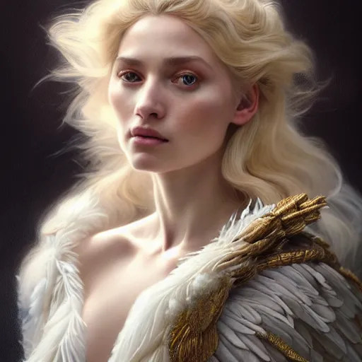 Image similar to portrait painting of a beautiful blonde woman with a kind face wearing a feathered cloak and a fancy silk white dress, ultra realistic, concept art, intricate details, eerie, highly detailed, photorealistic, octane render, 8 k, unreal engine. art by artgerm and greg rutkowski and charlie bowater and magali villeneuve and alphonse mucha