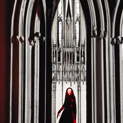 Image similar to movie shot, landcape, architectural shot, no decaying lines, background of an alabaster gothic cathedral, with long ephimeral windows with reflection of red flames, as subject a gothic woman with an intricate arabesque detailed black dressed, macro head face