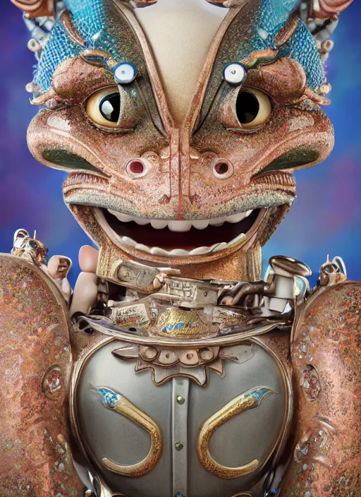 Prompt: closeup portrait of a tin toy fairytale dragon, depth of field, zeiss lens, detailed, symmetrical, centered, fashion photoshoot, by nicoletta ceccoli, mark ryden, lostfish, earl nore, hyung tae, frank frazetta, breathtaking, 8 k resolution, extremely detailed, beautiful, establishing shot, artistic, hyperrealistic, octane render