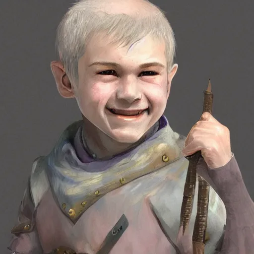 Image similar to duergar male child character portrait with pale purple skin, by Ruan Jia, shabby clothes, leather pouch, wielding kitchen knife, smiling, youthful, dungeons and dragons, digital art