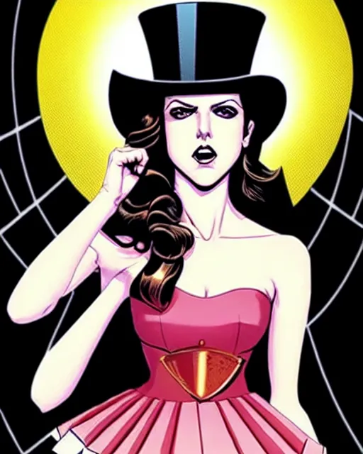 Prompt: beautiful Anna Kendrick Zatanna DC Comics floating on stage, wearing a top hat, symmetrical face symmetrical eyes, smiling, intricate details, atmospheric, art by eiichiro oda, Joshua Middleton art