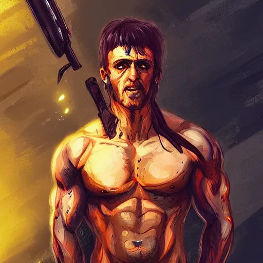 Image similar to rambo exposed to radiation and became mutant. concept art, high detailed, fine art, trending on artstation, smooth draw, sharp focus, pixel art.