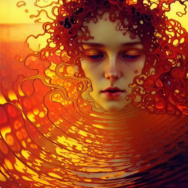 Image similar to mind bending ocean waves of glossy psychedelic liquid honey drops flowing like kaleidoscopic translucent amber, lsd waves, lsd ripples, crystal clear, backlit, sunset, refracted lighting, art by collier, albert aublet, krenz cushart, artem demura, alphonse mucha