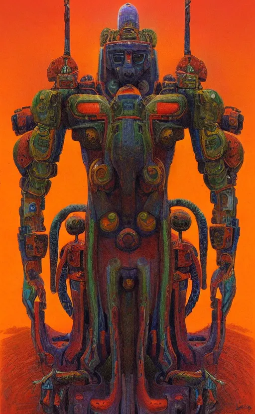 Image similar to portrait of mecha african tribal chief, insibidi symbols, symmetrical, dramatic lighting, colourful, art by zdzislaw beksinski,