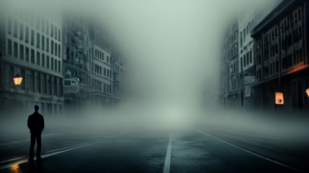 Image similar to a close portrait of a man with a street in the background, fog, volumetric lighting, mystique, atmospheric, sharp focus, ultra detailed, noir art house, 4 k, cinematic, 3 5 mm