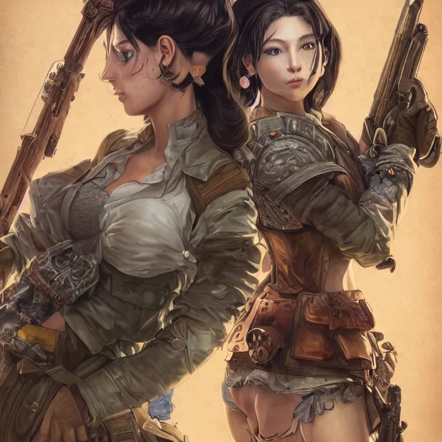 Image similar to the portrait of lawful neutral semi - colorful female infantry gunner as absurdly beautiful, gorgeous, elegant, young gravure idol, an ultrafine hyperdetailed illustration by kim jung gi, irakli nadar, intricate linework, bright colors, octopath traveler, final fantasy, unreal engine 5 highly rendered, global illumination, radiant light, detailed and intricate environment