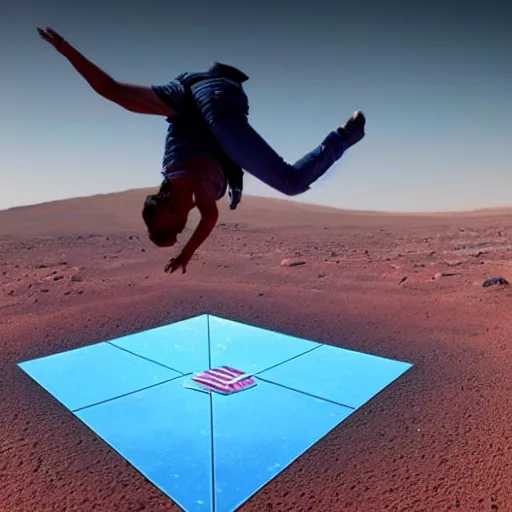 Image similar to 4 k hdr photo of elon musk doing a backflip on the surface of mars during a blue martian sunset surrounded by fireworks in the background