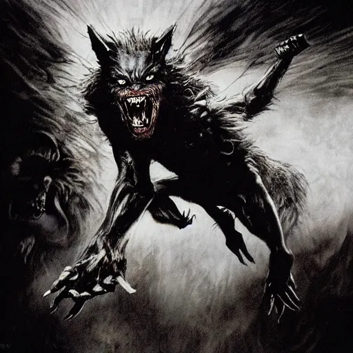 Image similar to dynamic action shot of a werewolf with long fangs and extended claws leaping forward, exaggerated muscle anatomy, crazed expression, by bill sienkiewicz, simon bisley and stephen gammell, horror, dark fantasy, extremely hyperdetailed, ghostly, 8 k, photorealism, hyperrealism, atmospheric lighting w 9 6 0