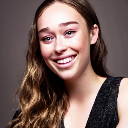 Prompt: alycia debnam carey smiling while posing for a photo, award winning photography, HDR, studio lighting, dynamic pose, medium close shot, shot on Canon EOS R5, f/2.5,