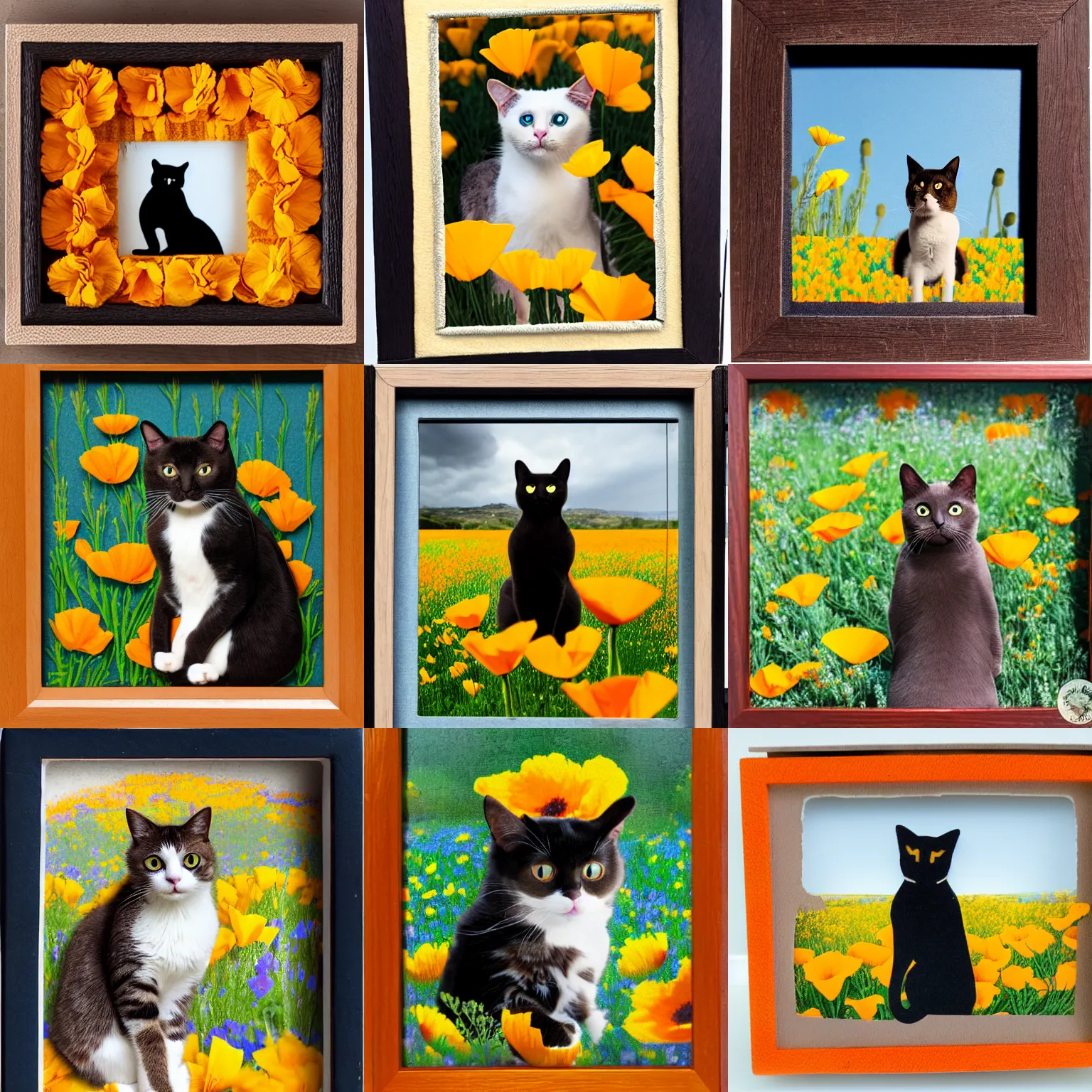 Prompt: shadowbox image of a cat sitting in california poppies field