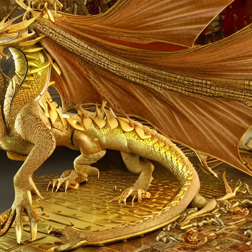 Image similar to a golden dragon that is heavily injured with a stump leg, fantasy, intricately detailed, 8 k render, ultra high resolution, trending on artstation