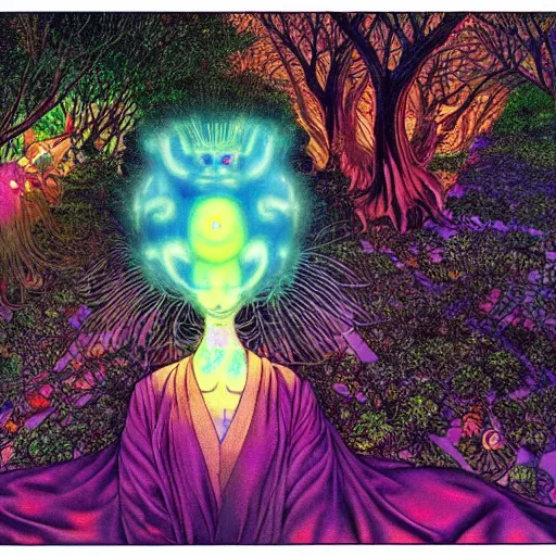 Image similar to A beautiful composition of a psychedelic glowing spirit animal psychonaut floating above a hedge maze, DMT, rich details full of texture, realistic eyes, artwork by Satoshi Kon and Yoshitaka Amano and Moebius