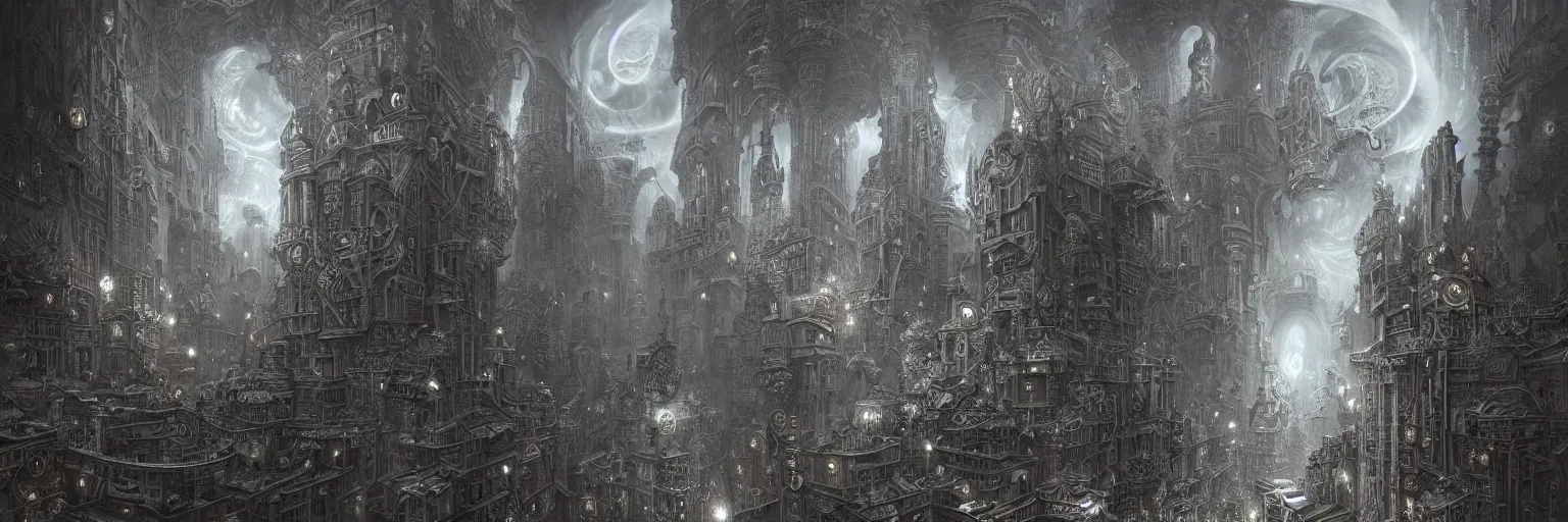Prompt: grey and silver tones, Marc Simonetti, Mike Mignola, smooth liquid metal with detailed line work, Mandelbulb, Exquisite detail perfect symmetrical, silver details, hyper detailed, intricate ink illustration, golden ratio, city night, steampunk, smoke, neon lights, starry sky, steampunk city background, liquid polished metal, by peter mohrbacher