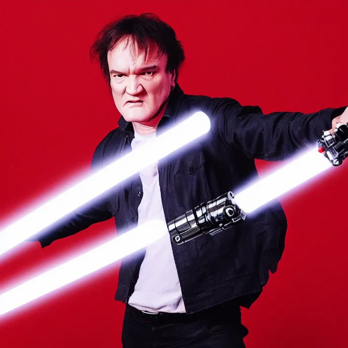 Image similar to quentin tarantino raising a lightsaber with his right hand, giving thumbs up with his left hand. without characters. red and black background. cinematic trailer format.