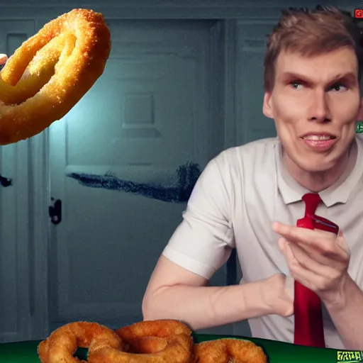 Image similar to jerma 9 5 3 2 1 pointing at jerma 4 5 8 7 saying onion ring, meme, realistic, hdr, clear image,