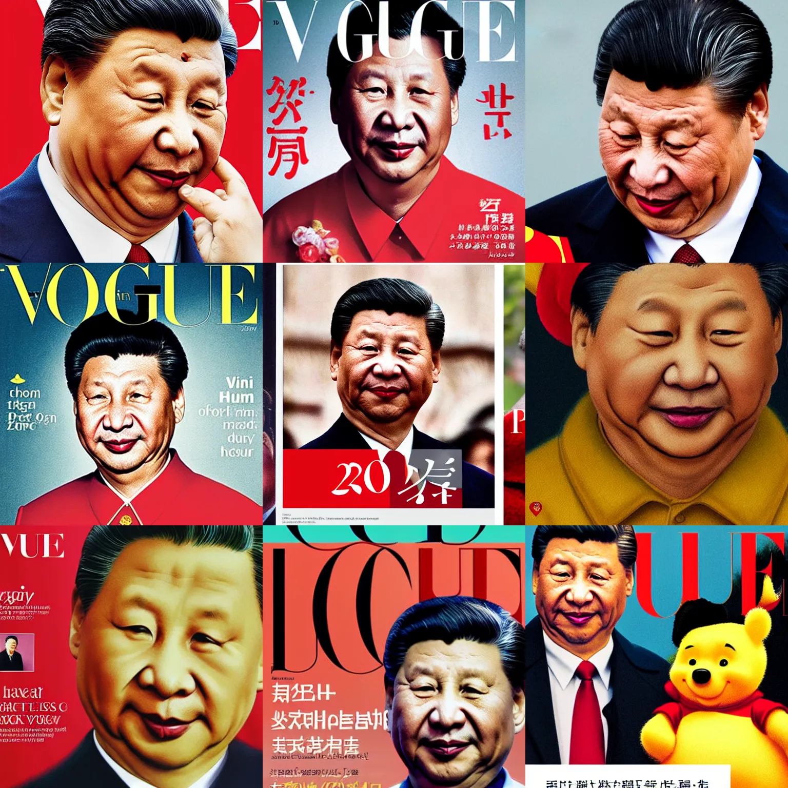 Prompt: Xi Jinping is crying portrait, VOGUE Winnie cover magazine, professional photography close up portrait of Winnie the Pooh XI Jinping crying