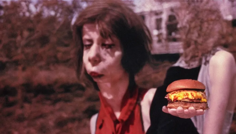 Image similar to 7 0 s film still from a horror movie starring a person with anorexia holding a burger, kodachrome, cinecolor, cinestill, photorealism, cinematic, film grain, film texture, vhs recording