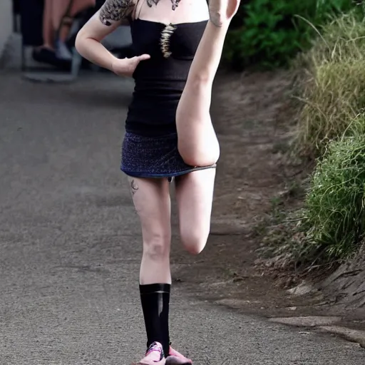 Image similar to natalie dormer with tattoos wearing miniskirt and fox - tail doing a handstand, sweaty, full - body