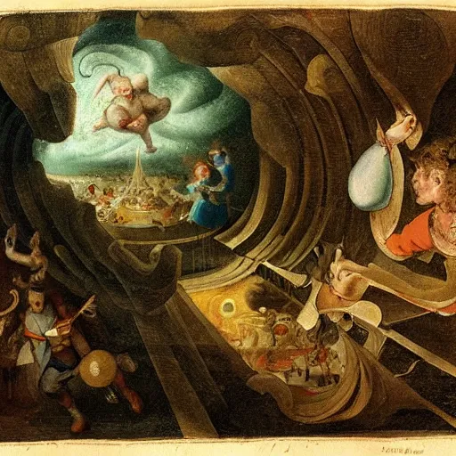 Image similar to A illustration. A rip in spacetime. Did this device in his hand open a portal to another dimension or reality?! Labyrinth Pan's by Frans Francken the Younger, by Santiago Calatrava