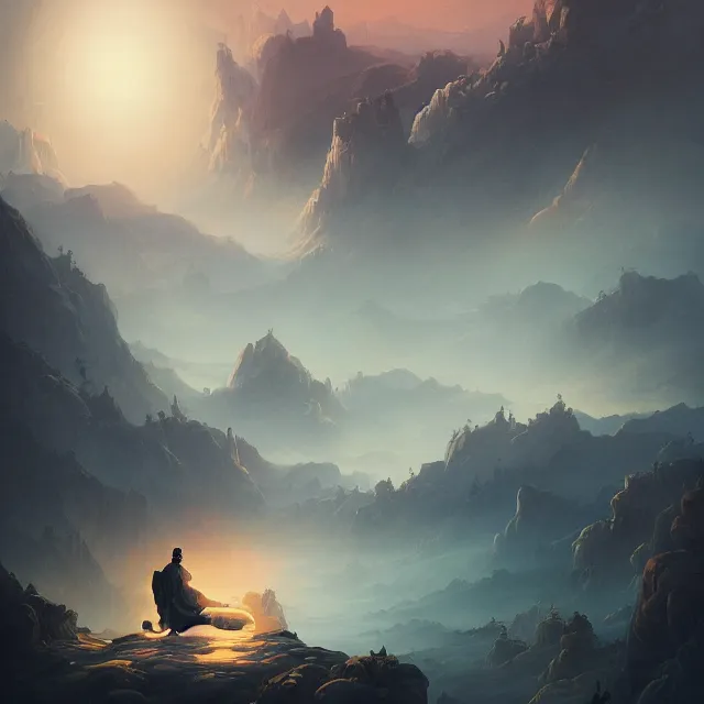 Image similar to in the style of peter mohrbacher, a glowing monk floating and meditating on a rock, dystopian landscape, intricate, masterpiece, award winning, fantasy, hyperrealism intricate