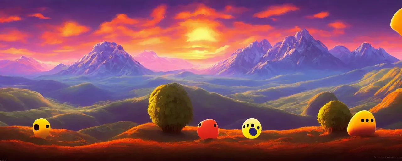 Image similar to detailed round pacman, with ghosts, in a beautiful nature landscape with clouds, mountains, in background, sunset, by rhads, round pacman, detailed, coherent