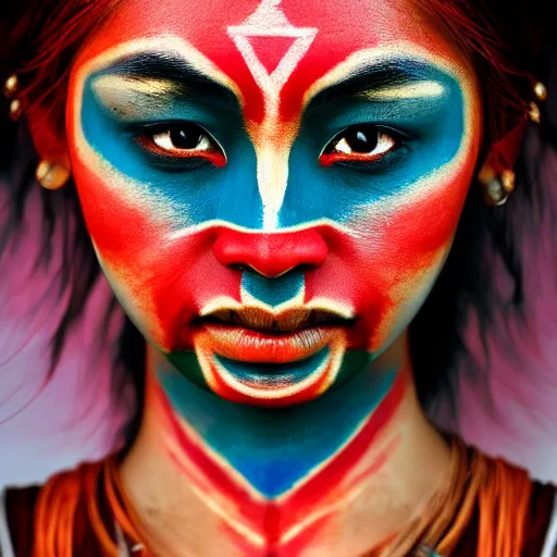 Image similar to portrait of a stunningly beautiful asian tribal female, red facepaint over the eyes in a wide stripe, depth of field, zeiss lens, detailed, symmetrical, centered, fashion photoshoot, by Annie Leibovitz and Steve McCurry, David Lazar, Jimmy Nelsson, Breathtaking, 8k resolution, extremely detailed, beautiful, establishing shot, artistic, hyperrealistic, beautiful face, octane render