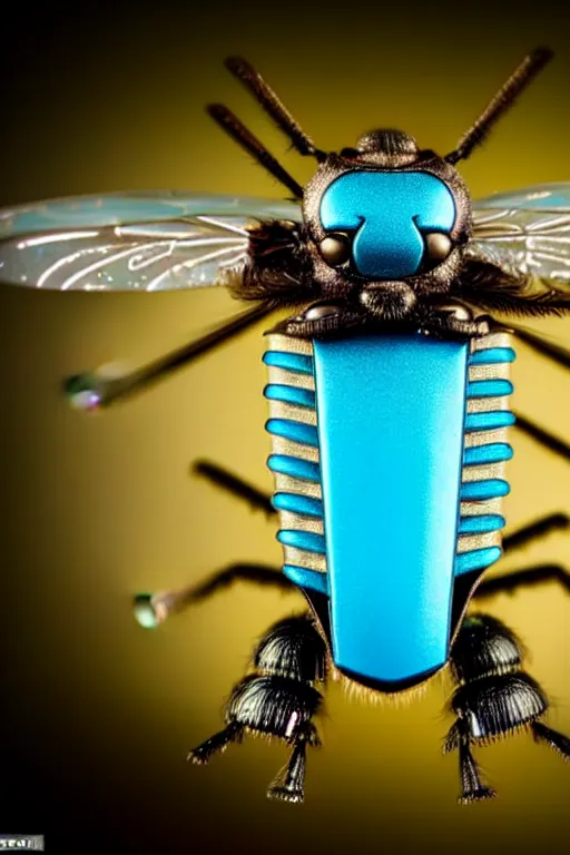 Image similar to high quality macro robot metallic tachinid fly! gorgeous highly detailed hannah yata elson peter cinematic turquoise lighting high quality low angle hd 8k sharp shallow depth of field